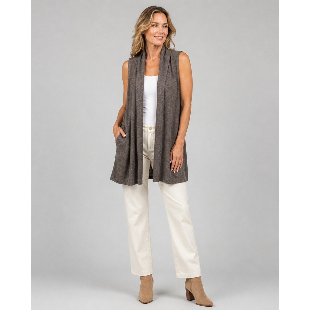 Eileen Fisher Open Front Minimalist Vest Womens Medium Petite Brown Wool